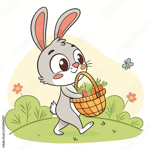 A cute cartoon bunny carrying a basket full of carrots in a field with flowers and a butterfly flying by