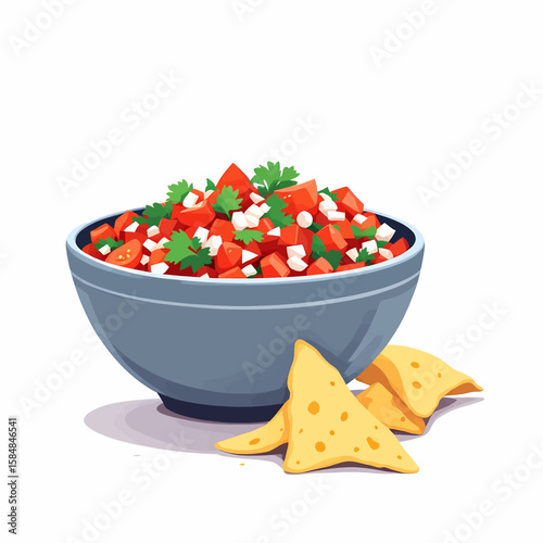 Fresh salsa in a gray bowl paired with tortilla chips against a white background provides a delicious snack