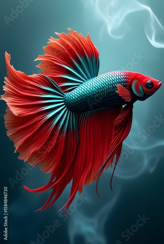  vibrant betta fish with intricate, ornate fins swims gracefully against a dramatic backdrop