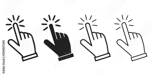 Vector  of four hand cursor icons with index finger pressing or pointing and radiating lines