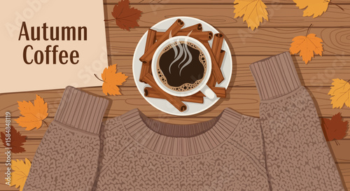 Cozy Autumn Coffee Scene with Knitted Sweater and Colorful Leaves, Cup of Coffee Surrounded by Cinnamon Sticks on a Wooden Table with Fall Foliage