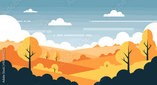 Autumnal Landscape with Golden Trees and Rolling Hills, Vector Illustration of an October Scene with a Serene, Blue Sky