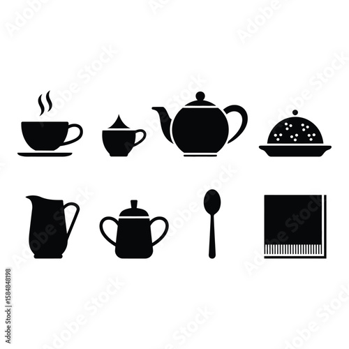 Collection of kitchenware and dining items silhouette isolated on white background