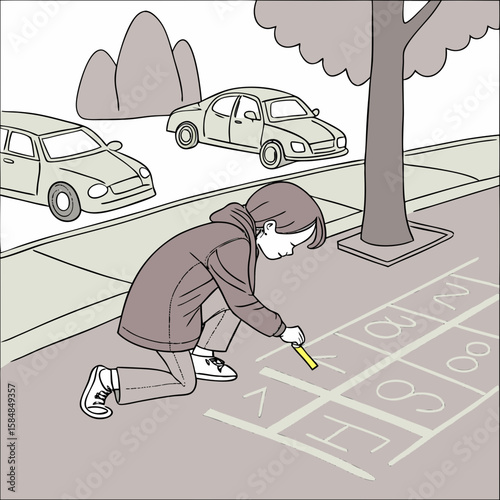 A child draws hopscotch with chalk on the sidewalk near parked cars and a tree in a neighborhood scene