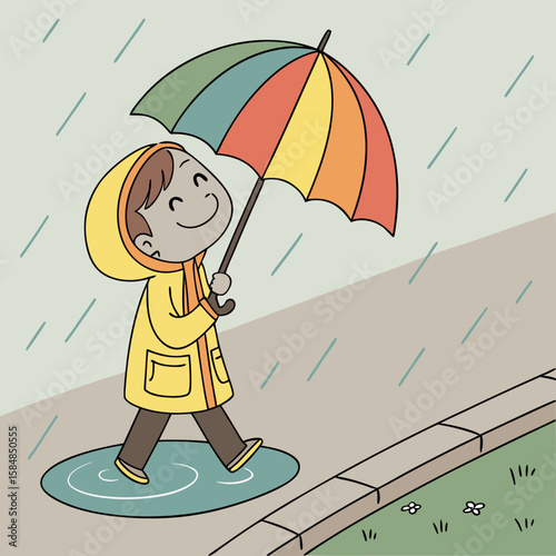 A child in a yellow raincoat walks under a colorful umbrella in the rain near grass and flowers outside