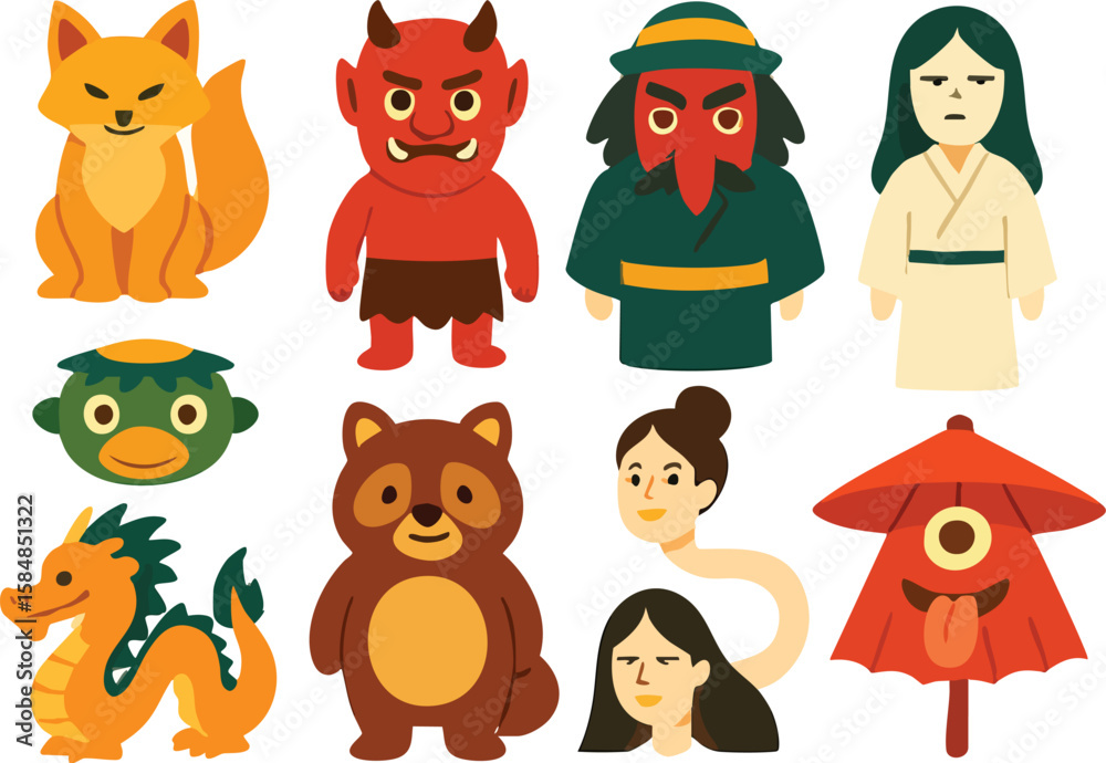 Obraz premium Mystical Creatures: A whimsical illustration showcasing a collection of unique mythical creatures, each with distinct characteristics, expressions, and personalities.