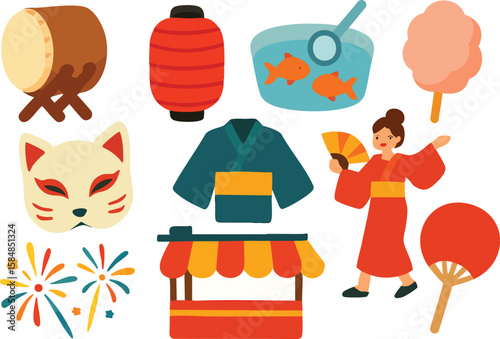 Japanese Festival Elements: A vibrant collection of elements representing the joy and festivities of a Japanese festival. Includes iconic symbols such as a traditional mask, a lantern.