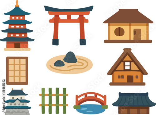 Harmonious Japanese Iconography: A collection of iconic elements capturing the essence of Japanese culture, with pagodas, torii gates, traditional houses, gardens, and bridges in an illustrative.