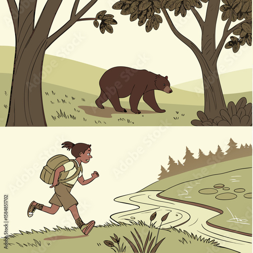 Illustration showing a bear walking through a forest and a girl running by a river with trees nearby