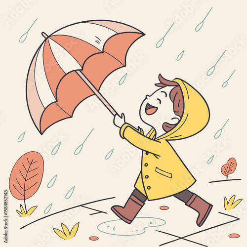 A happy child in a yellow raincoat walks under an umbrella in the rain with trees and puddles around him