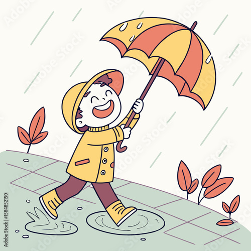 Illustration of a cheerful child in a yellow raincoat and boots holding a colorful umbrella in the rain outdoors