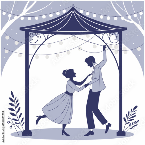 Illustration of a couple dancing under a gazebo decorated with string lights in a romantic setting outdoors