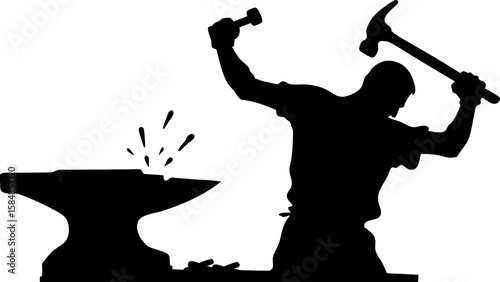 Silhouette of a blacksmith striking an anvil with a hammer creating sparks in a monochrome illustration