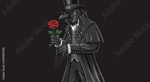 A stylized raven in Victorian attire holding a red rose, a dark and dramatic illustration.