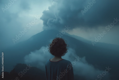 woman in the clouds at volcano