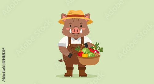 A cheerful cartoon boar farmer proudly displays a basket of freshly harvested vegetables.