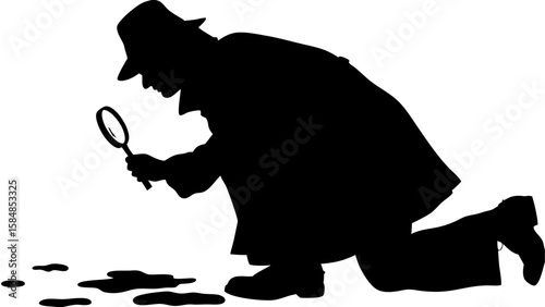 Silhouette of a detective kneeling and using a magnifying glass to examine something on the ground below him