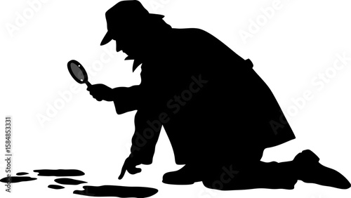 Silhouette of a detective kneeling and using magnifying glass to inspect dark liquid on the ground closely