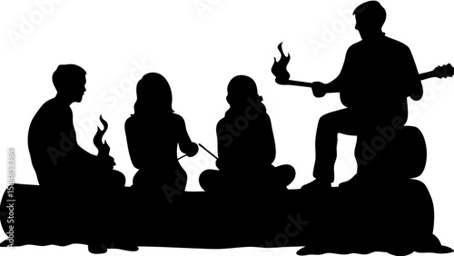 Silhouette of group around campfire with guitar and roasting sticks sitting on a log in the dark night