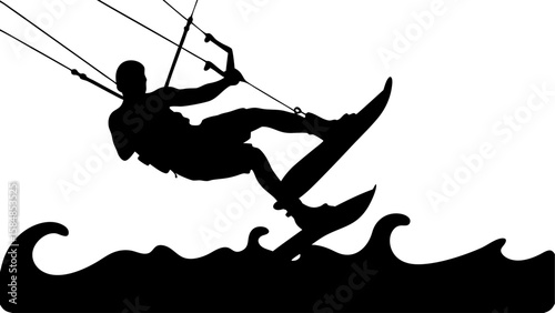 Silhouette of a kitesurfer performing a trick on the water with waves under a bright white sky view