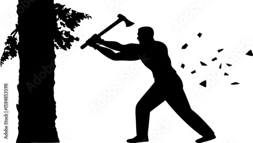 Silhouette of a man chopping a tree with an axe with wood chips flying in the air on a white background