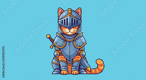 Cartoon illustration of an orange tabby cat wearing a full suit of medieval knight armor and holding a sword, against a light blue background.