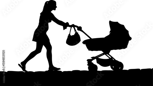 Silhouette of a woman pushing a baby stroller with a hanging bag on a white background illustration