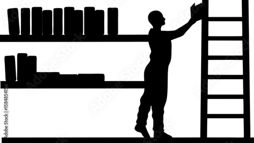 Silhouette of person reaching for book on shelf using ladder in a library or bookstore setting scene