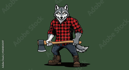 A strong wolf character, dressed as a lumberjack, holding an axe with a determined expression.