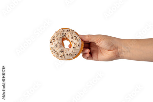 Vanilla White Chocolate Donuts Delicious Bakery Desserts and hand on transparent Background