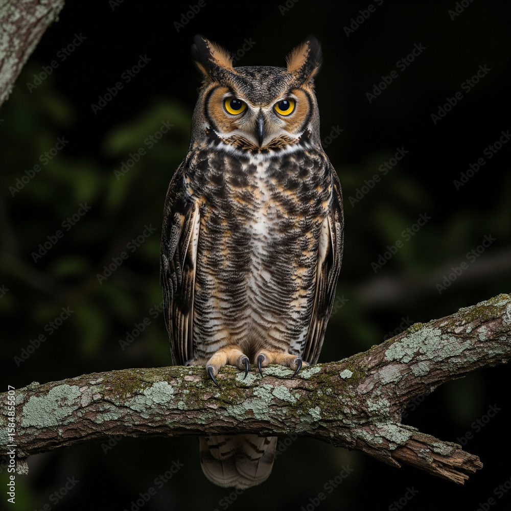 Fototapeta premium An owl perched on a tree branch at night, staring forward.