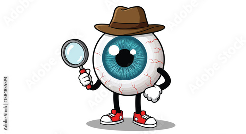 Eyeball Cartoon Character Wearing Fedora and Holding Magnifying Glass