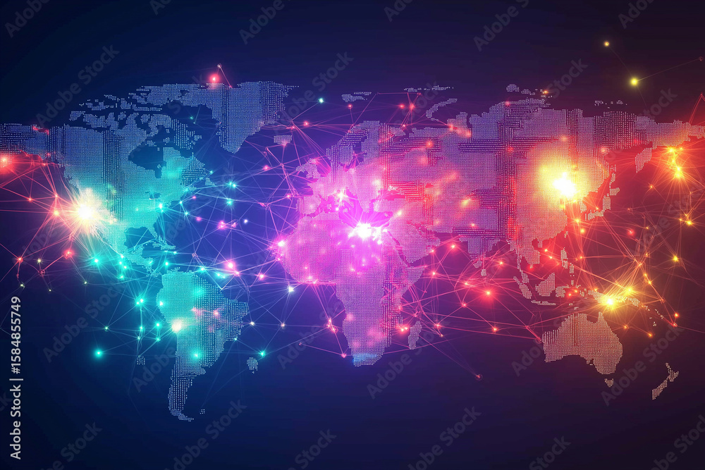 Fototapeta premium Abstract world map with glowing lines light technology 