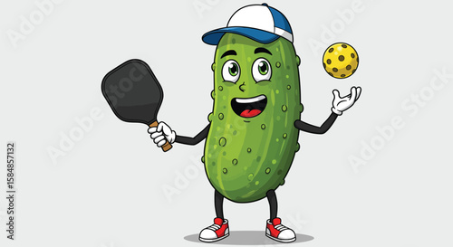 Happy Pickle Playing Pickleball Cartoon Character