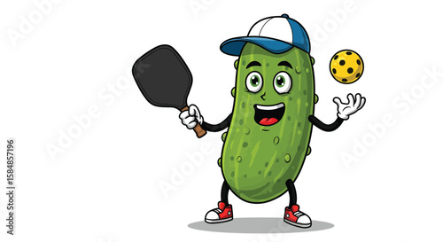 Happy Pickle Playing Pickleball Cartoon Character