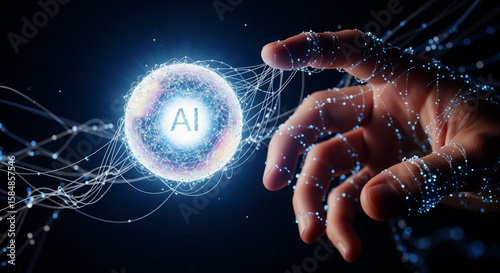 Artificial intelligence presented as futuristic hologram touched by human hand. Artificial intelligence represents complex data networks and neural connections, showing human computer interaction.
