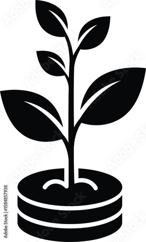 Silhouette of a young plant growing from a stack of coins, symbolizing investment in growth.