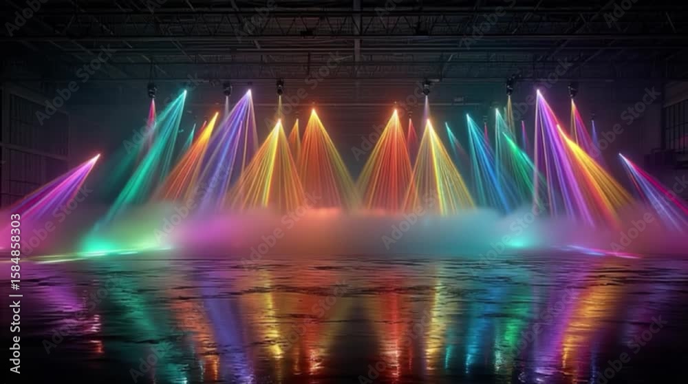 Colorful stage lighting with beams reflecting on a wet floor in a dark hall setting scene view