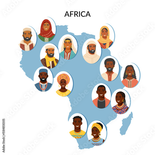 Set of African ethnicities people cliparts. Portraits of men and women of different african nationalities and the territory of continent. Vector flat illustrations.