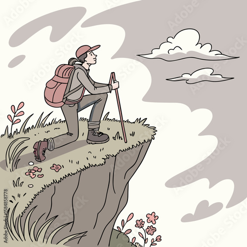 A hiker with a backpack and trekking pole kneeling on a cliff edge looking at the clouds in the distance