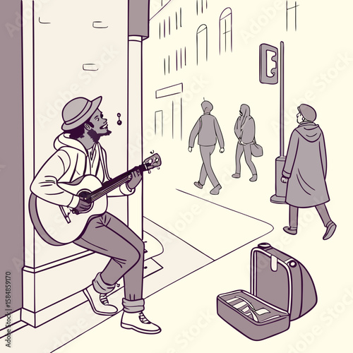 Street musician playing guitar with pedestrians walking by and open suitcase for donations on sidewalk
