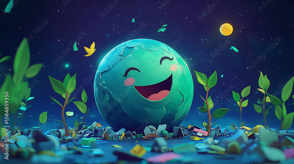 Fototapeta premium recycling and nature themes: photos of trees sprouting from waste, Earth held above trash, and green initiatives with ample blank spaces for environmental messages.