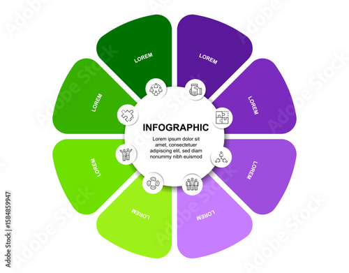 Flower infographic, multi-petal design, eight elements, growth stages, process diagram, solution steps, vibrant display