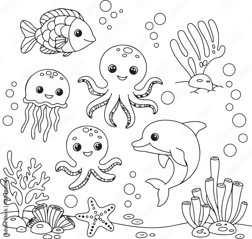 Fototapeta premium Happy Sea Creatures Coloring Page