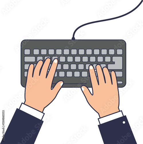 Top-down view of hands typing on a dark gray computer keyboard with a black cable.