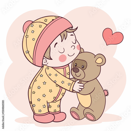 A child in pajamas hugging a teddy bear with a heart floating above them in a soft pink background design