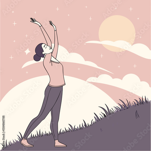 Woman standing on a hill with arms raised towards the sky under a sun and clouds with stars around her
