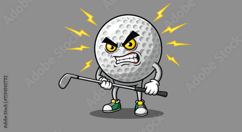 Angry Golf Ball Cartoon Character Holding a Golf Club