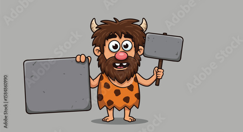 Hungry Caveman Holding a Stone Sign and Fork