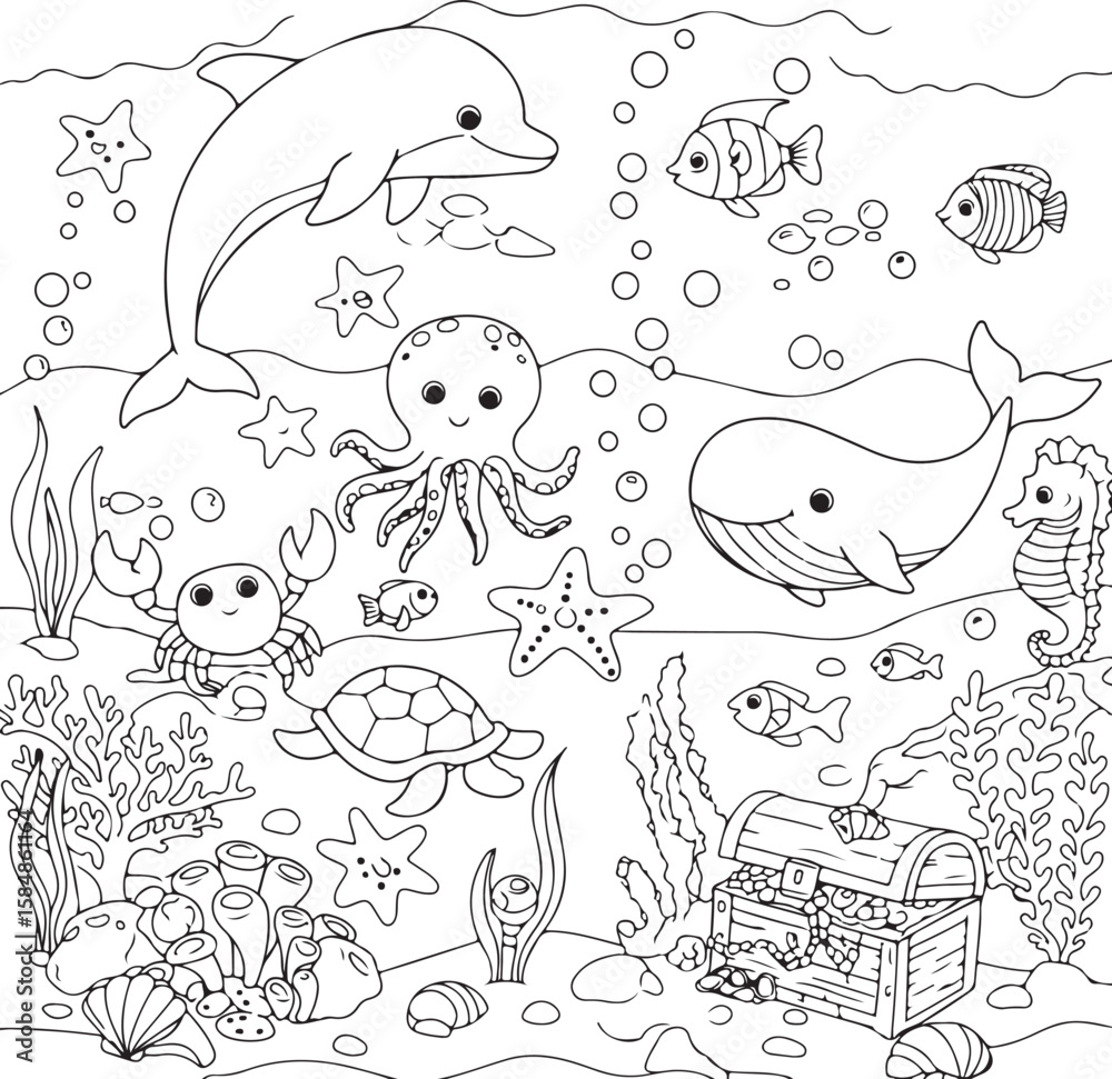 Fototapeta premium Happy Sea Creatures Coloring Page